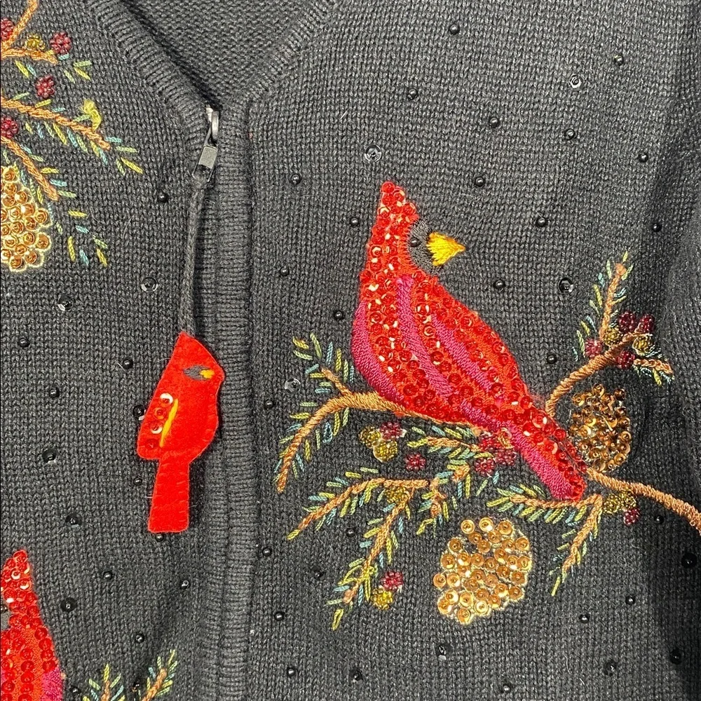Heirloom Collectibles Women's Black Zip Front Sweater Embellished Cardinals PXL - Picture 3 of 9